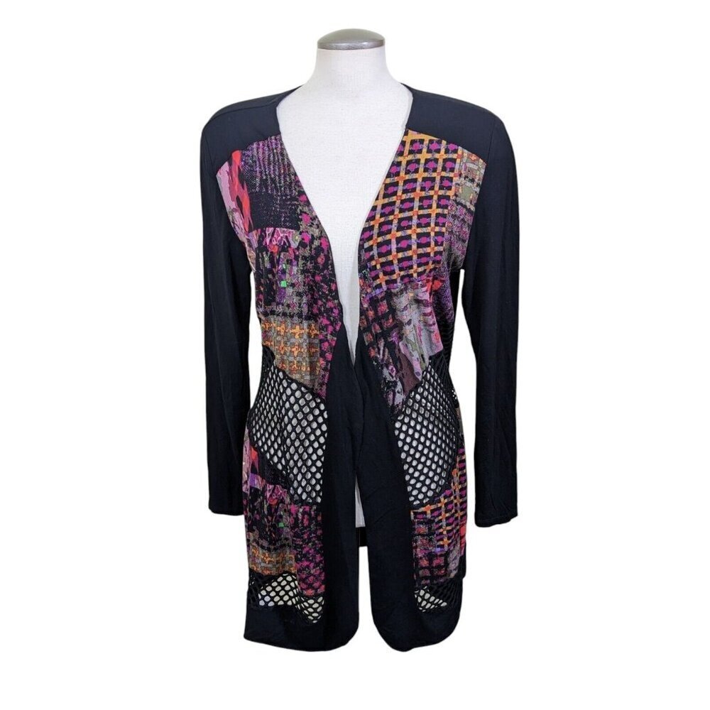 Linea Domani Longline Cardigan Sweater Womens L Open Front Artsy Mixed Media